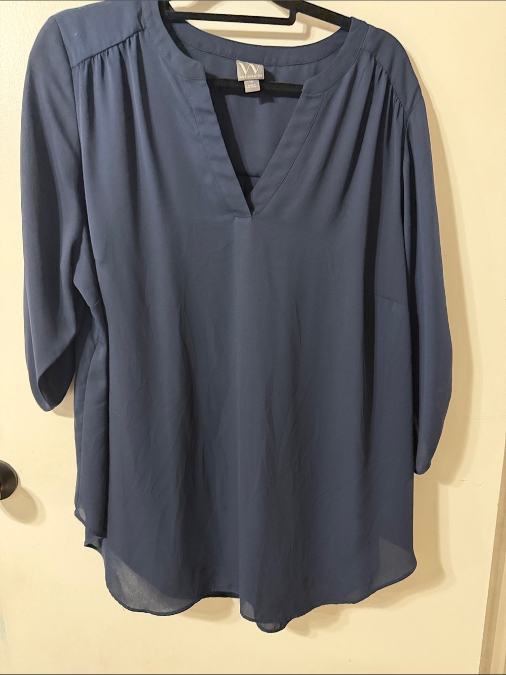 Worthington Navy Blue Sheer Split V-Neck Tunic, 1X